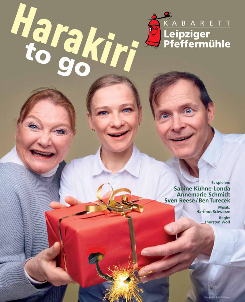 Plakat Programm Harakiri to go. Abgebildet sind Sabine Kühne-Londa, Annemarie Schmidt und Sven Reese